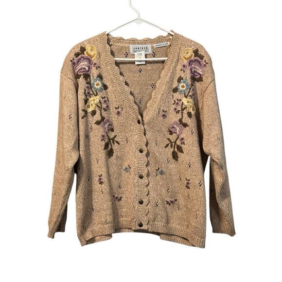 Jantzen Classics Cardigan Sweater Hand Embroidered Women Size Medium Floral VTG - Picture 1 of 15